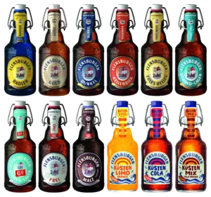 Flensburger proovikast 12 × 0,33 L, näidis: Radler, Gold, Dunkel, Kellerbier, Edles Helles, Strand-Lager, Strand-Lager 0,0, Frei, Malz, Küstenlimo Orange, Küstencola, Küstenmix. Tegelik koosseis sõltub laoseisust.