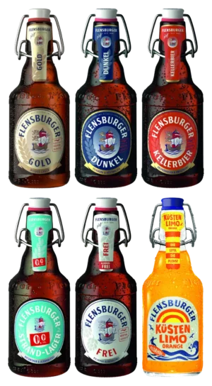 Flensburger proovikast 6 × 0,33 L, näidis: Gold, Dunkel, Kellerbier, Strand-Lager 0,0, Frei, Küstenlimo Orange. Tegelik koosseis sõltub laoseisust.